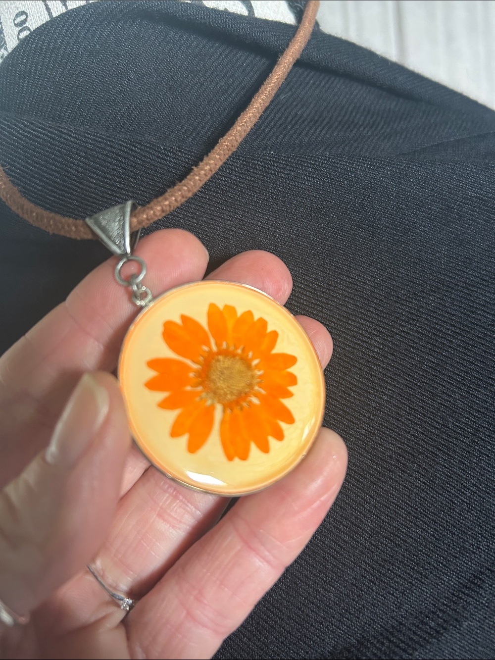 Orange Resin Flower Pendant Necklace with Brown Cord - Picture 4 of 8